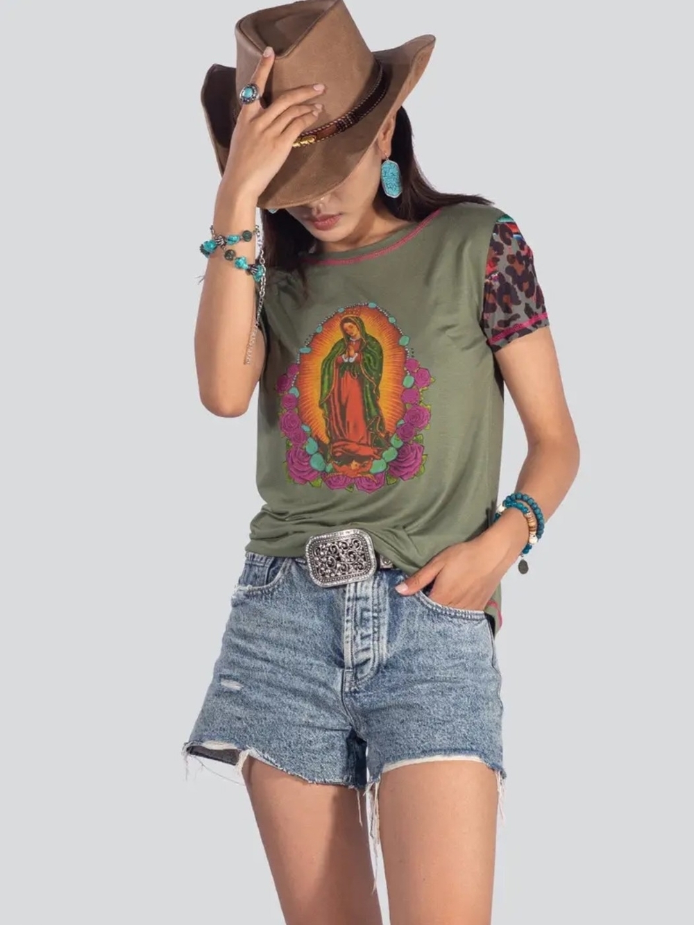 Olive Graphic Short Sleeve Tee with Leopard-Print Sleeves